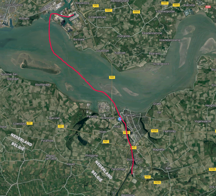 Kaart van Vlissingen naar Westdorpe