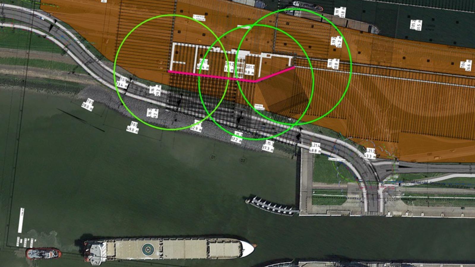 Verkeer en publiek dient buiten de groene veiligheidscirkel te blijven gedurende de hijswerkzaamheden. verkeer en publiek dient buiten de groene veiligheidscirkel te blijven