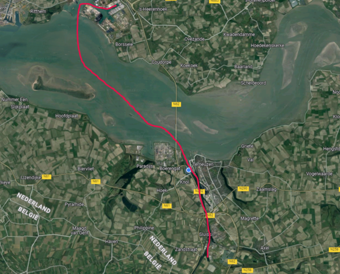 Kaart van Vlissingen naar Westdorpe